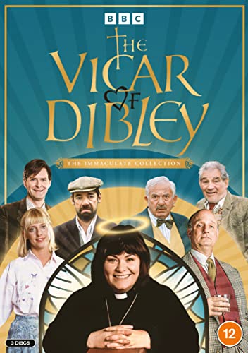 DVD cover for The Vicar of Dibley featuring the cast and a central halo.