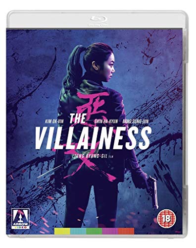 Blu-ray cover for "The Villainess" featuring a woman with a gun and sword.