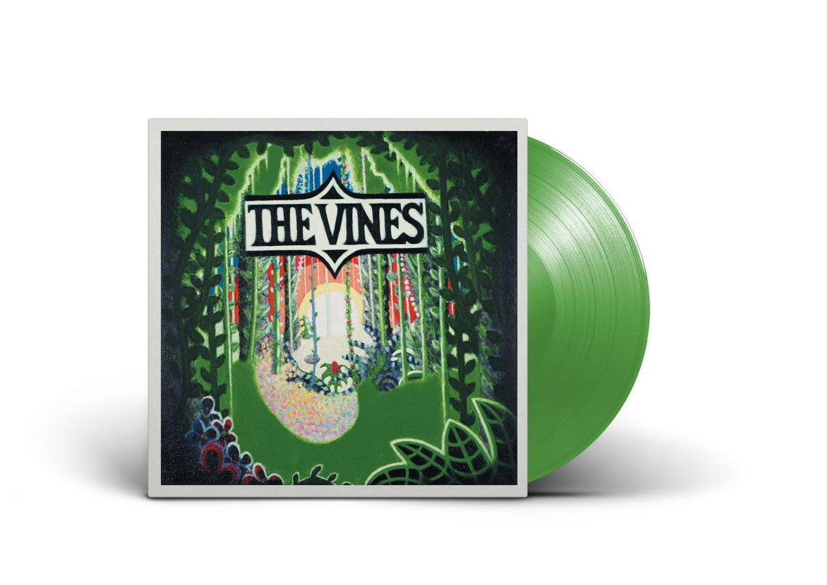 The Vines" album cover and green vinyl record on white background.