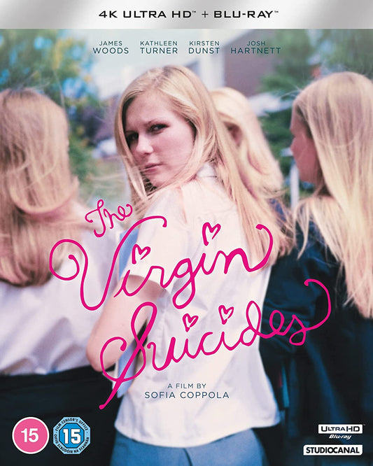 "Blonde girl in white shirt with 'The Virgin Suicides' title in pink script."