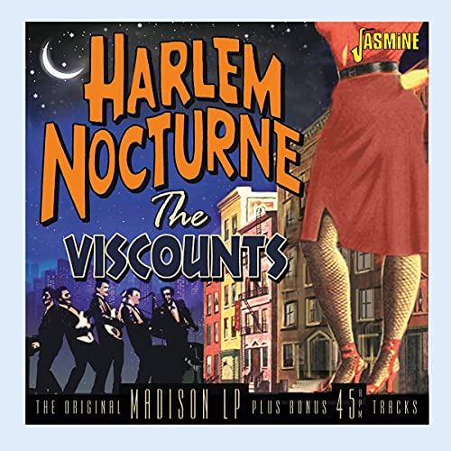 "Album cover with band members and a woman, cityscape at night with a moon."