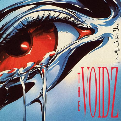 Stylized illustration of a large red eye with silver liquid dripping from it.