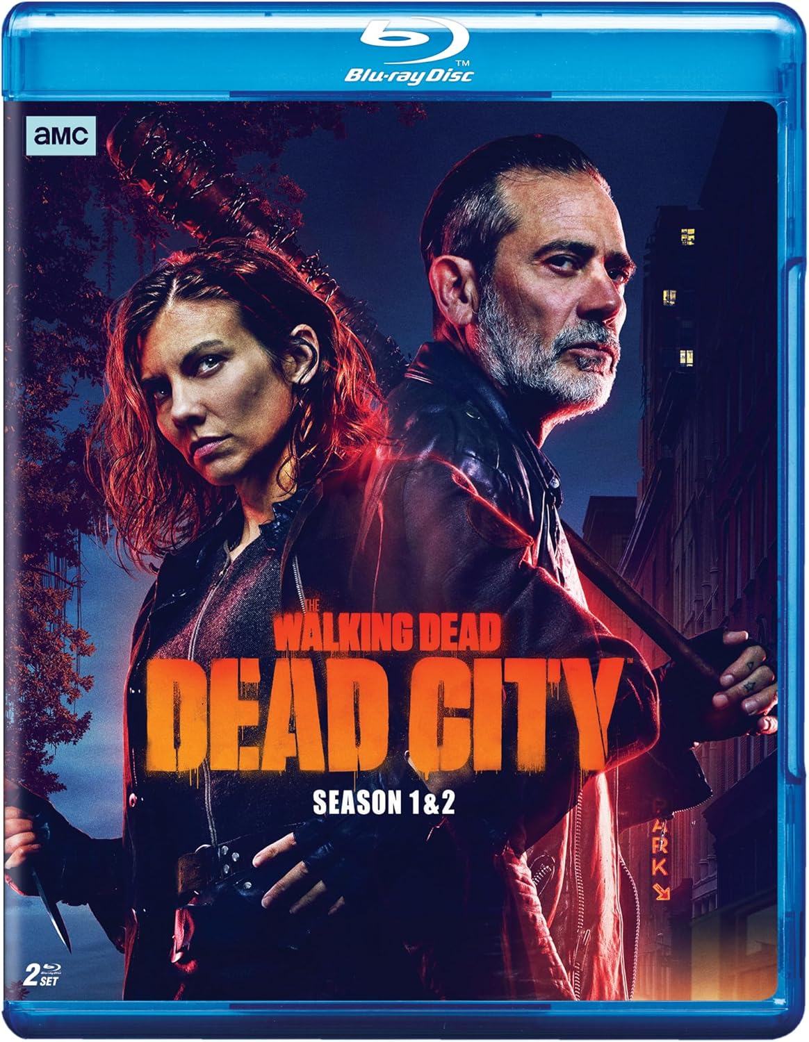 The Walking Dead: Dead City" Blu-ray cover featuring Negan and Maggie in a city.