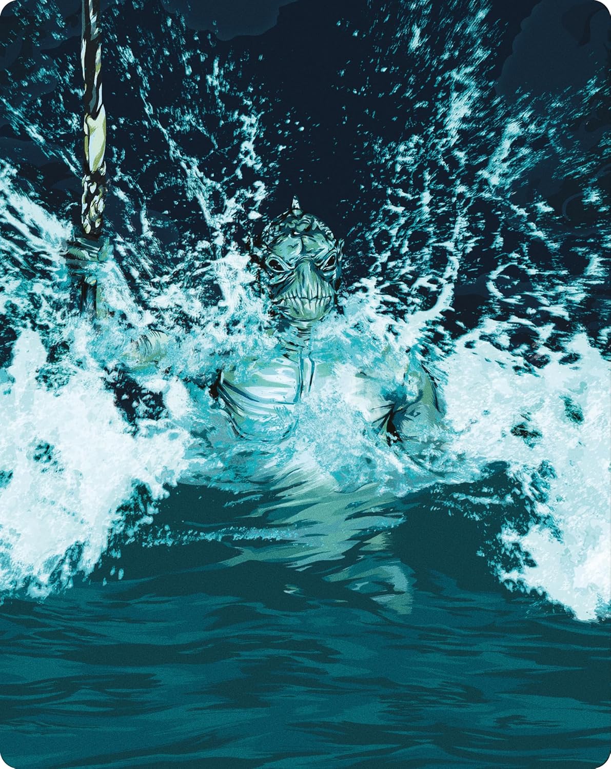 A sea creature with a spear emerges from dark, splashing water.