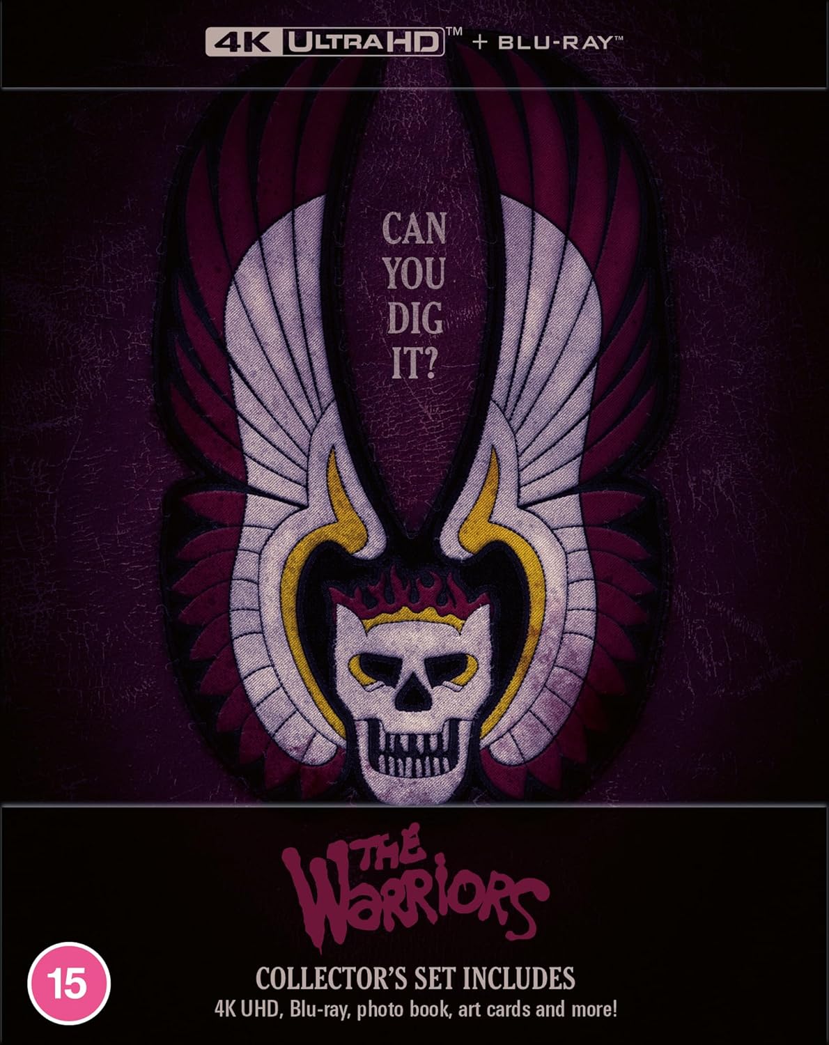 The Warriors 4K Ultra HD and Blu-ray collector's edition cover with winged skull emblem.