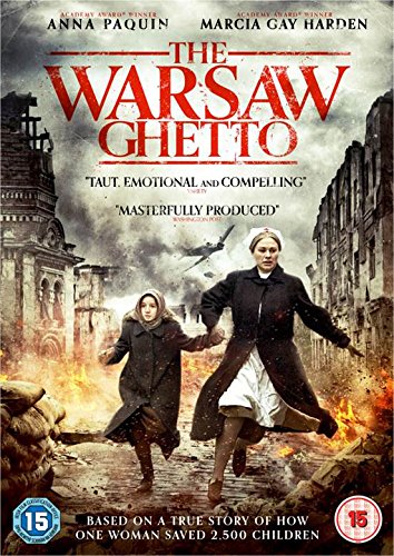 DVD cover for "The Warsaw Ghetto" showing two women fleeing amidst burning buildings.