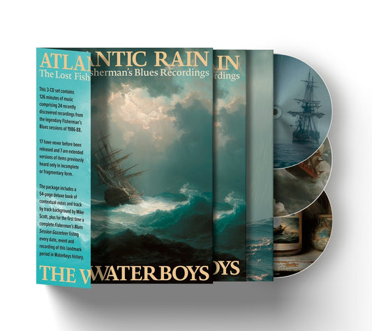 The Waterboys Atlantic Rain 3-CD box set featuring a sailing ship in stormy seas.