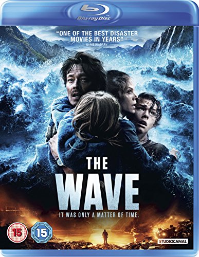 Blu-ray cover for The Wave showing a family embracing against a massive tidal wave.