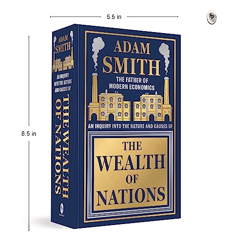 Blue hardbound book, "The Wealth of Nations" by Adam Smith, with factory illustration.