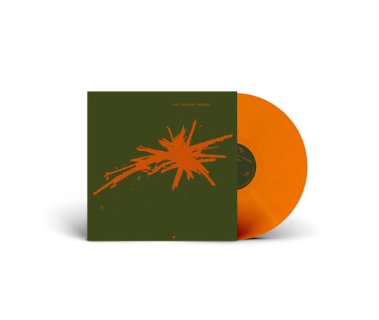 Orange vinyl record with a dark green cover featuring a burst graphic.