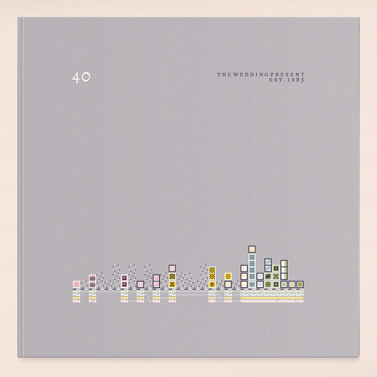 Gray album cover for The Wedding Present’s “40” with pixelated cityscape.