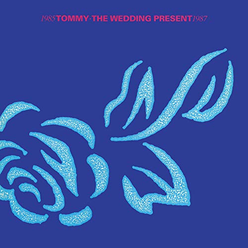 Blue album cover with abstract light blue floral or wave design.