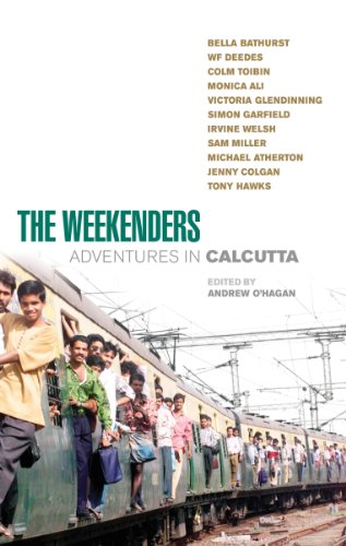 Book cover: "The Weekenders" with a crowded train scene in Calcutta.