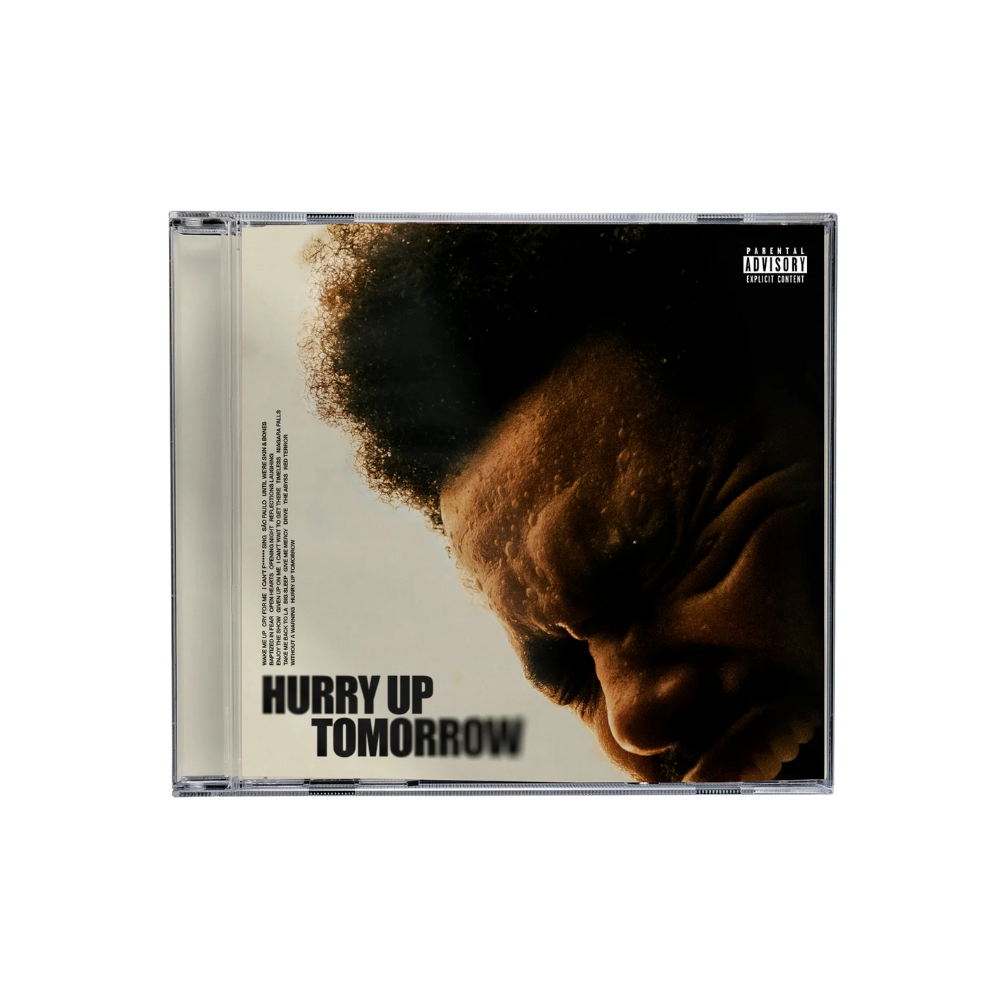 The Weeknd's "Hurry Up Tomorrow" CD case with a portrait and text.