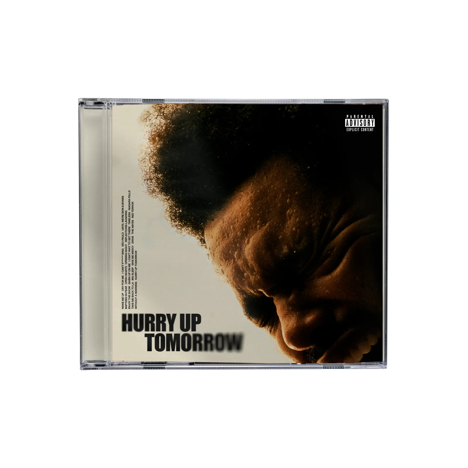 The Weeknd's "Hurry Up Tomorrow" CD case with a portrait and text.