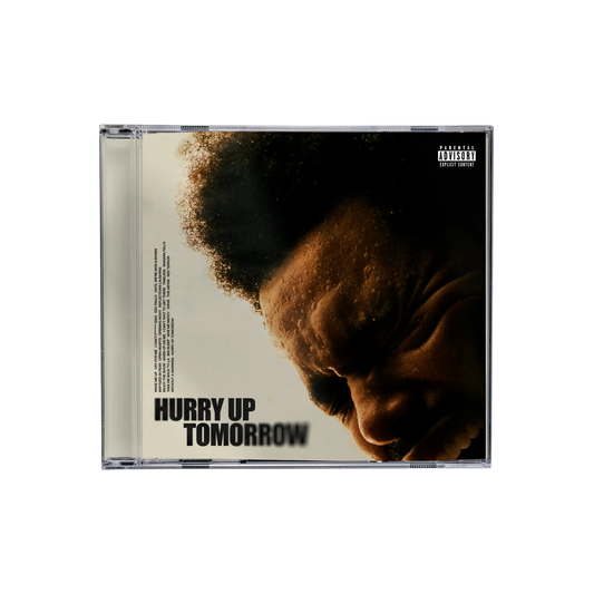 The Weeknd's "Hurry Up Tomorrow" CD case with a portrait and text.