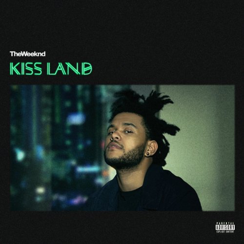 The Weeknd's "Kiss Land" album cover featuring a portrait and city lights.