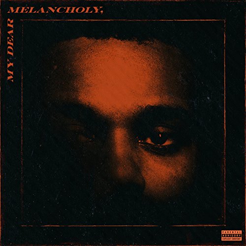Close-up of The Weeknd's face in dark orange and black tones on album cover.