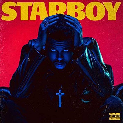 The Weeknd's "Starboy" CD cover: man with hands on head, red background.