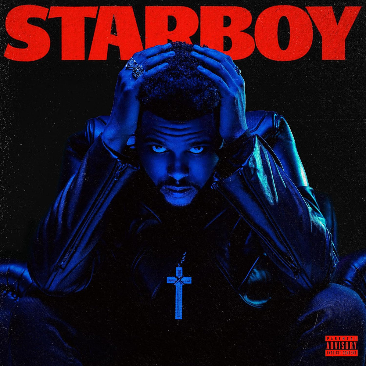 The Weeknd album cover, “Starboy,” featuring a blue-toned portrait.