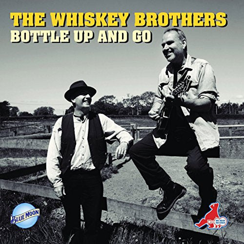 "Album cover with two men, one jumping, in a rural setting, black and white."
