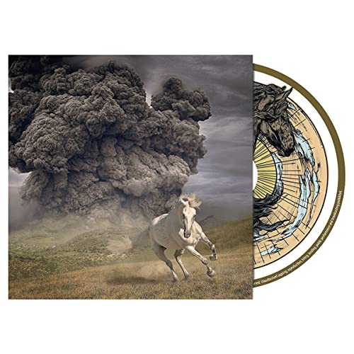 CD cover: white horse running towards a dark, erupting cloud.