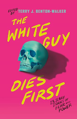 Book cover with a teal skull on a bright pink background and yellow text.