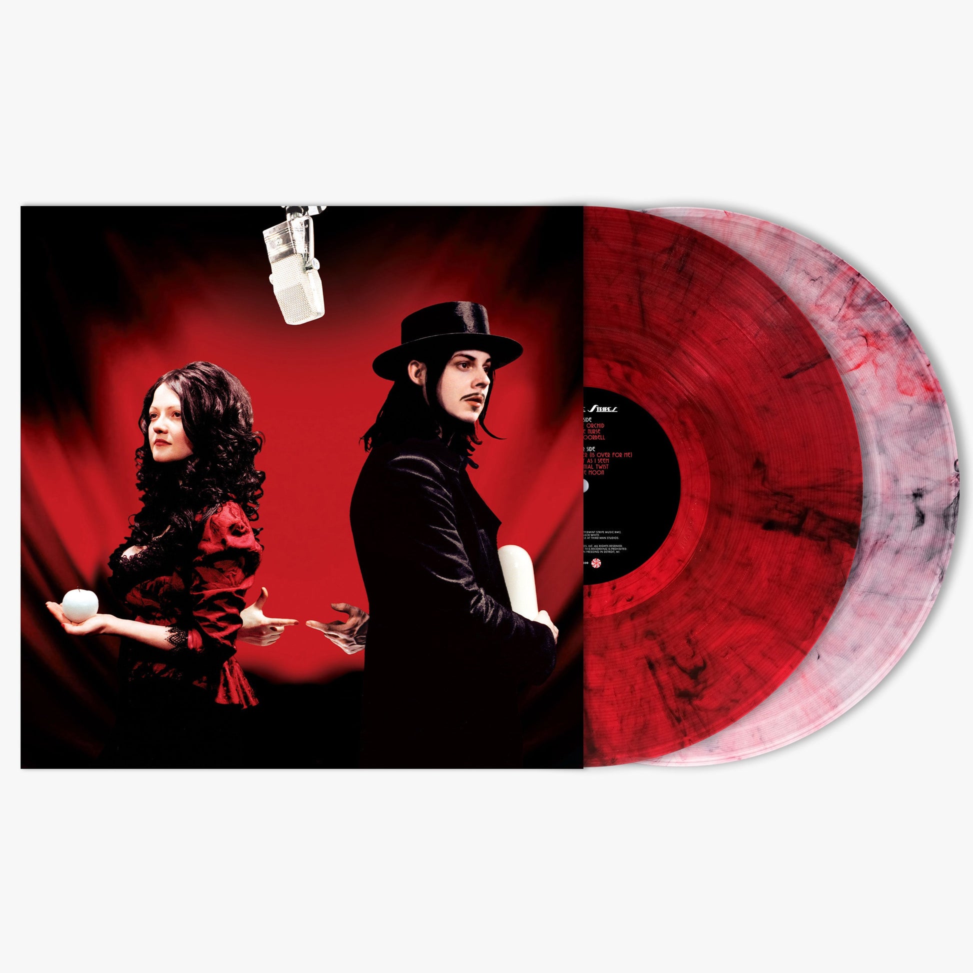 The White Stripes album cover with red and clear smoke vinyl records.
