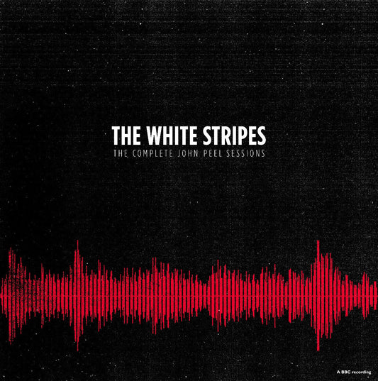 "Black album cover with white text and red sound wave graphic."