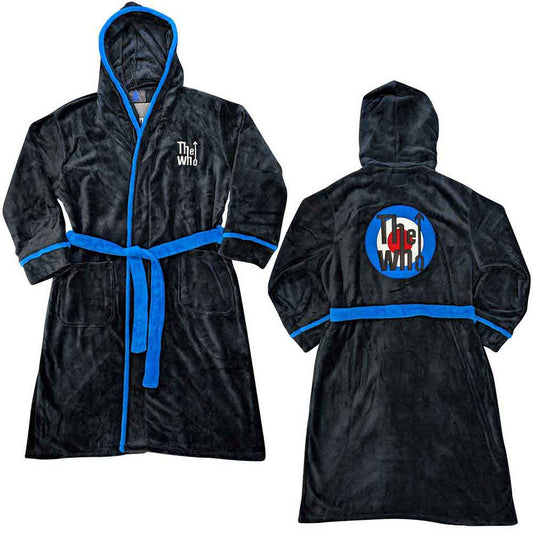 Man wearing a black fleece bathrobe with blue trim and “The Who” logo.