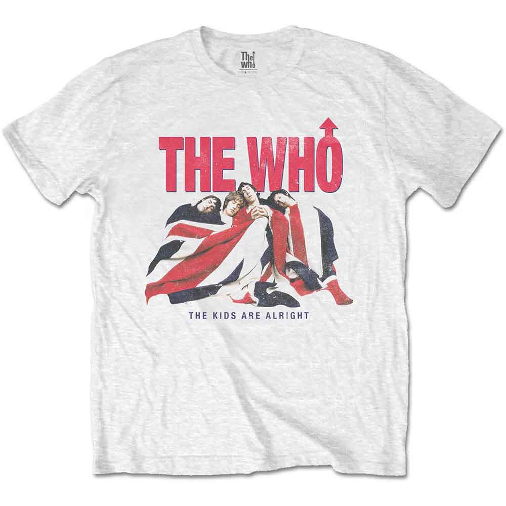 White t-shirt with red graphic of The Who band members.