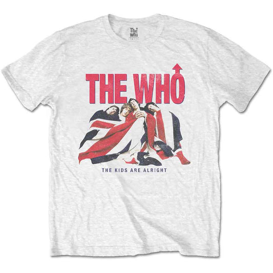 White t-shirt with red graphic of The Who band members.