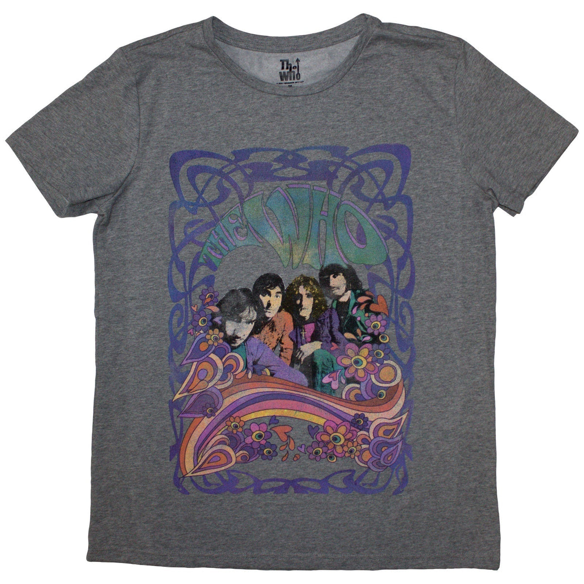 A black women's t-shirt featuring The Who logo surrounded by colorful psychedelic floral patterns.