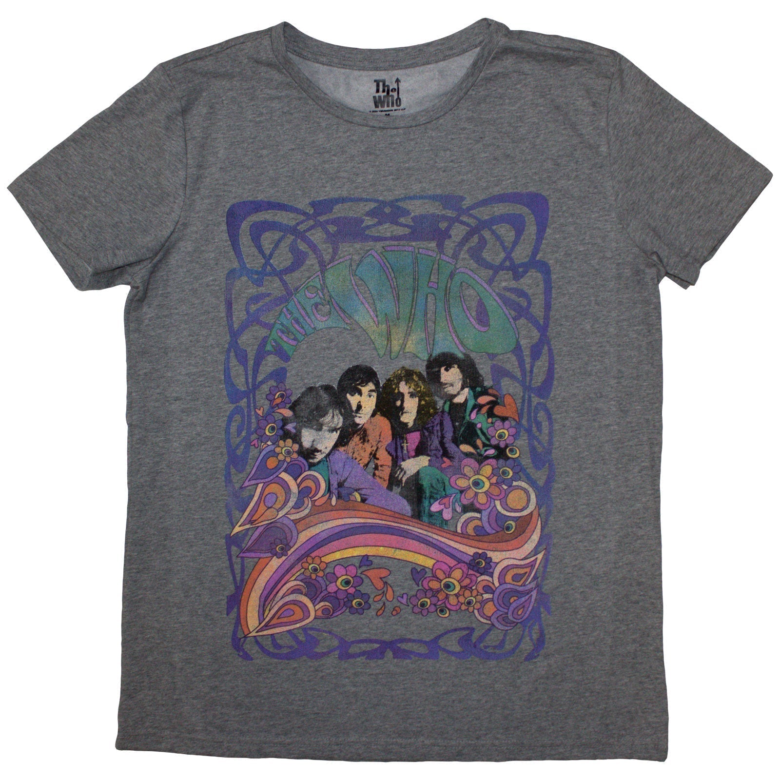 A black women's t-shirt featuring The Who logo surrounded by colorful psychedelic floral patterns.