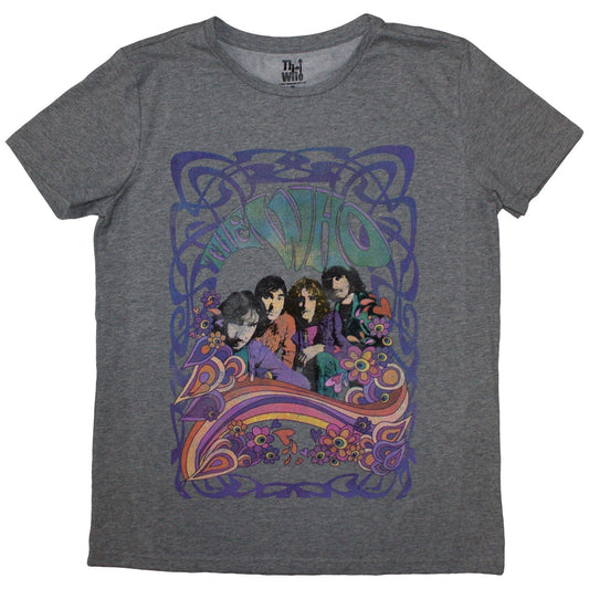 A black women's t-shirt featuring The Who logo surrounded by colorful psychedelic floral patterns.