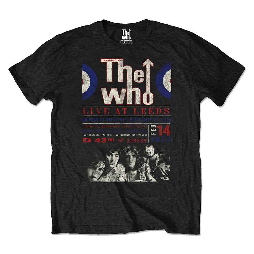 Man wearing a black t-shirt with The Who Live at Leeds poster graphic.