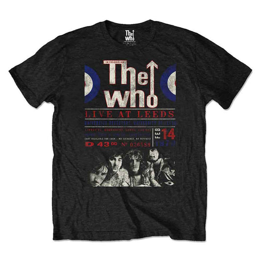Man wearing a black t-shirt with The Who Live at Leeds poster graphic.