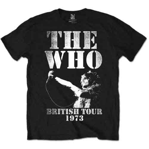 Black t-shirt with "The Who" and a 1973 tour graphic.