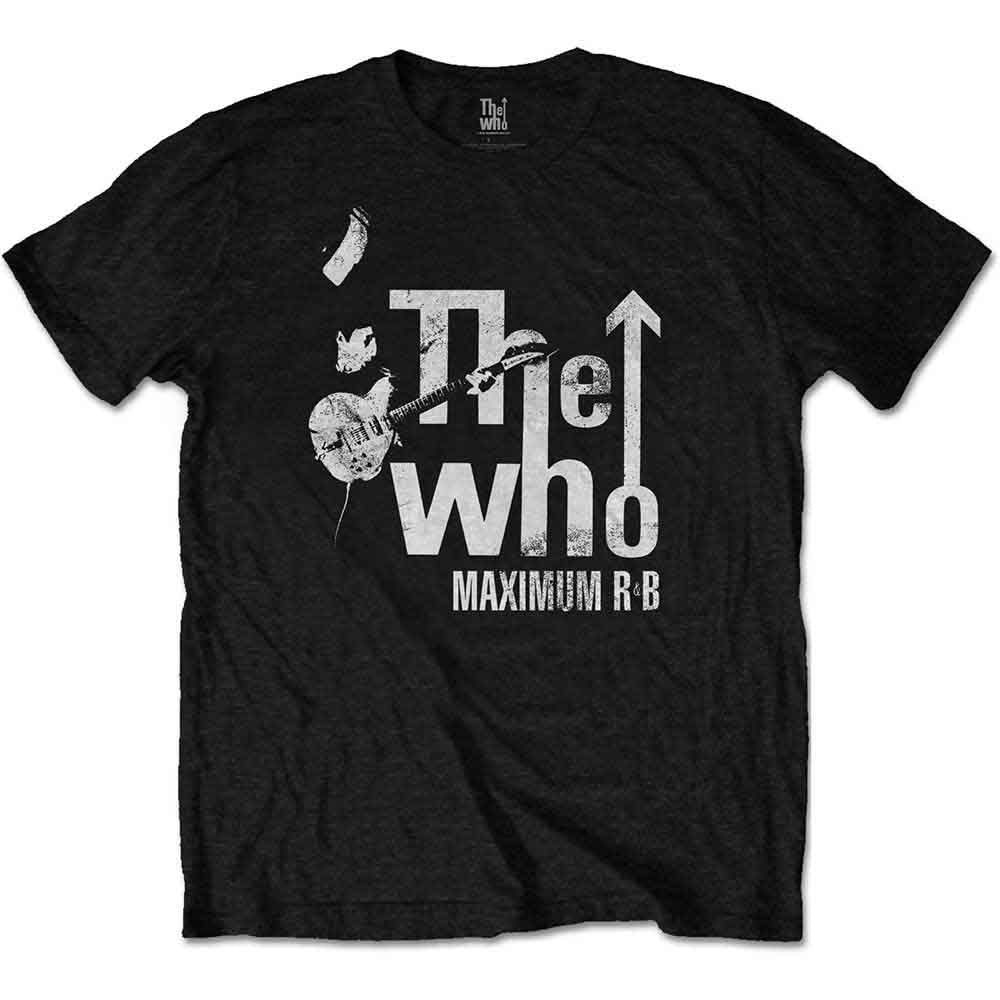 Black t-shirt with white graphic of The Who logo and guitar.