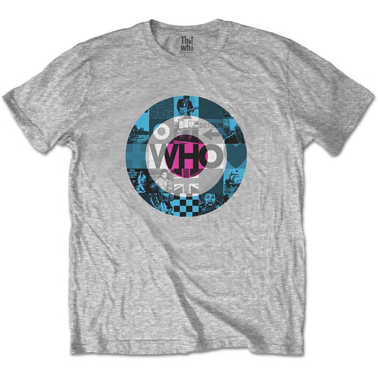 Grey t-shirt with circular graphic featuring The Who band imagery.