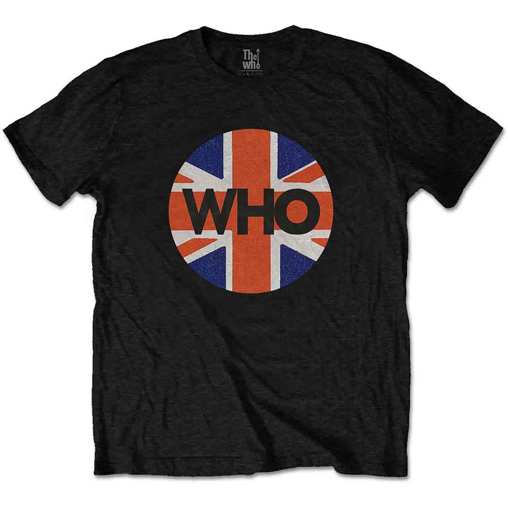 Black t-shirt with a circular Union Jack design and "WHO" text.