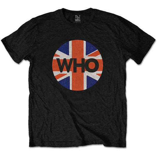 Black t-shirt with a circular Union Jack design and "WHO" text.