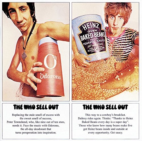 The Who Sell Out album cover featuring Pete Townshend with Odorono and Roger Daltrey beans.