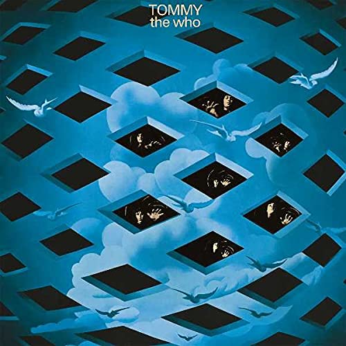 Album cover art for The Who's Tommy featuring figures in blue grid windows.