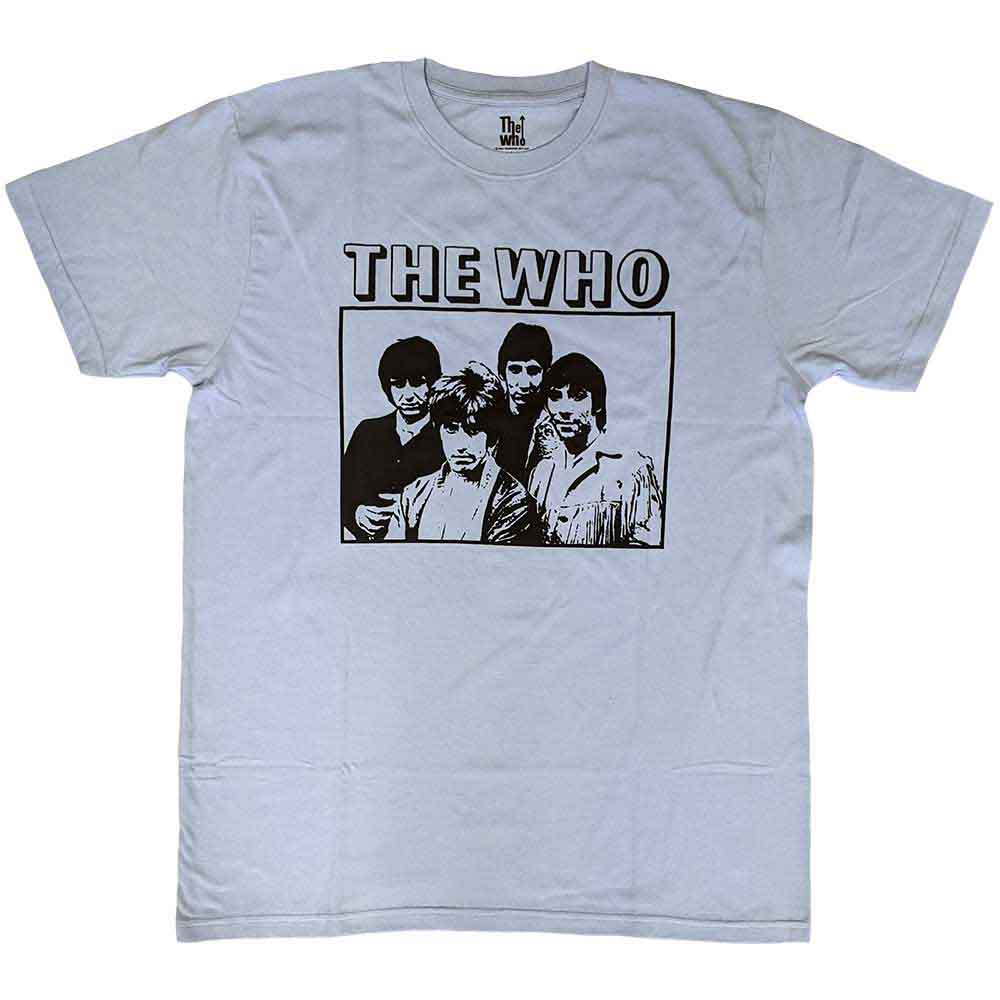 A black unisex t-shirt featuring a framed vintage band photo of The Who.