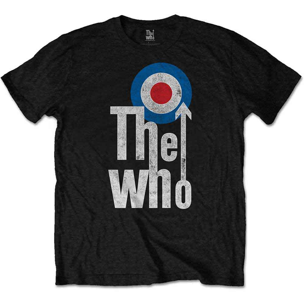 Black t-shirt with The Who logo: target symbol and band name.