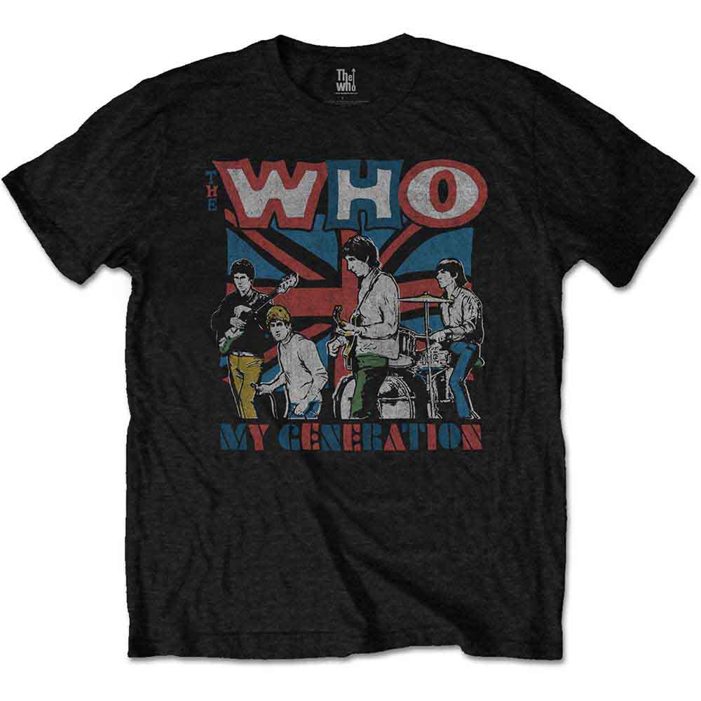 Black t-shirt with a sketch of The Who and a Union Jack.