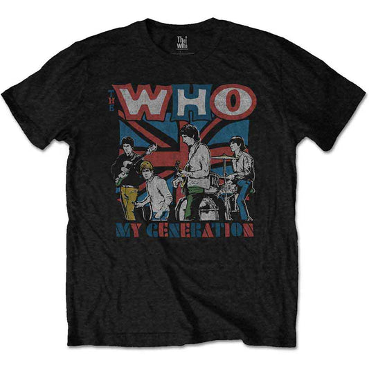 Black t-shirt with a sketch of The Who and a Union Jack.