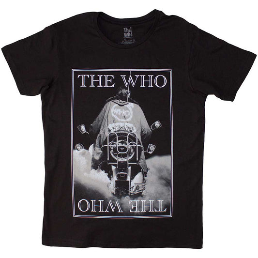 Black t-shirt with a grayscale image of a motorcyclist and faces.