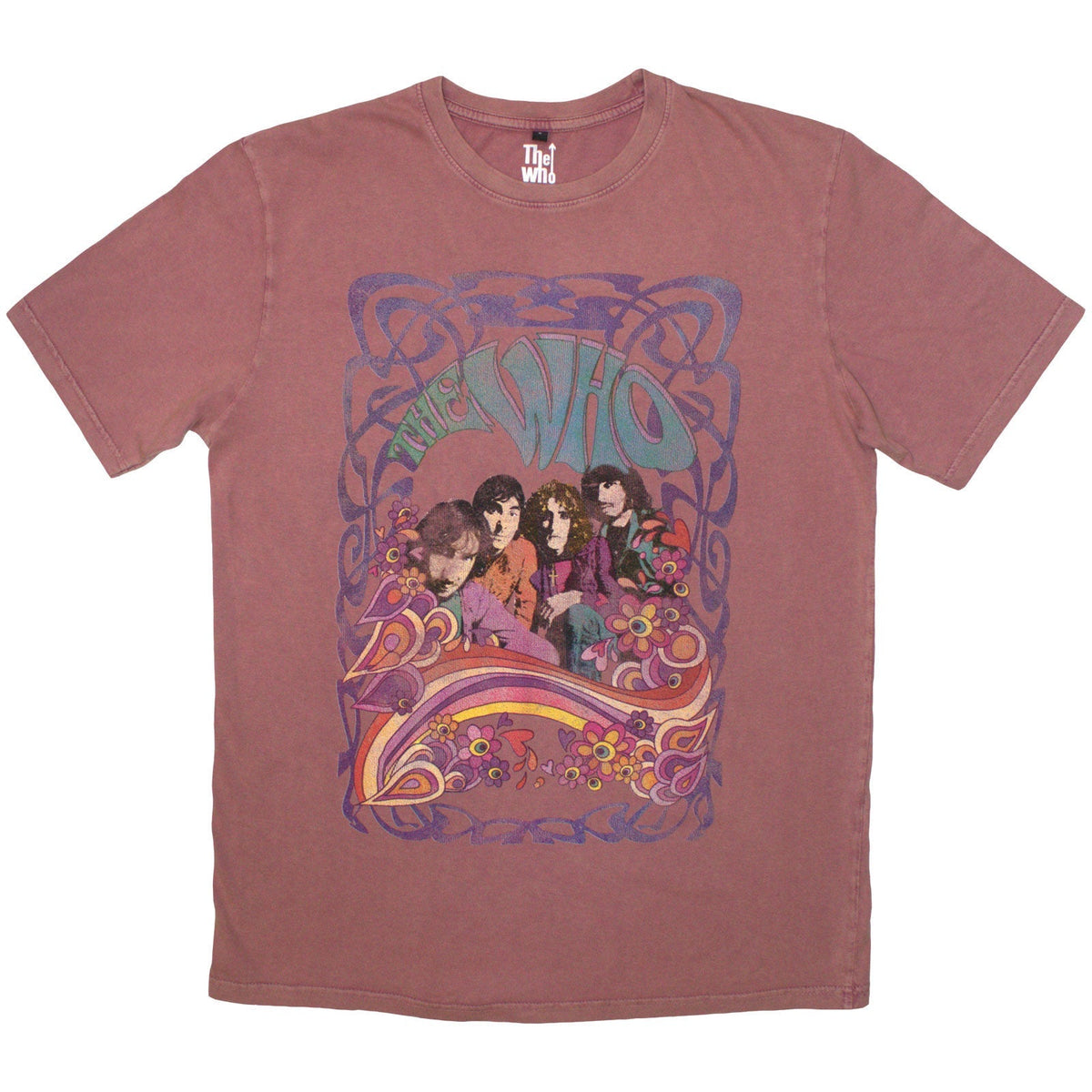 Light wash t-shirt with a colorful floral design featuring The Who logo.